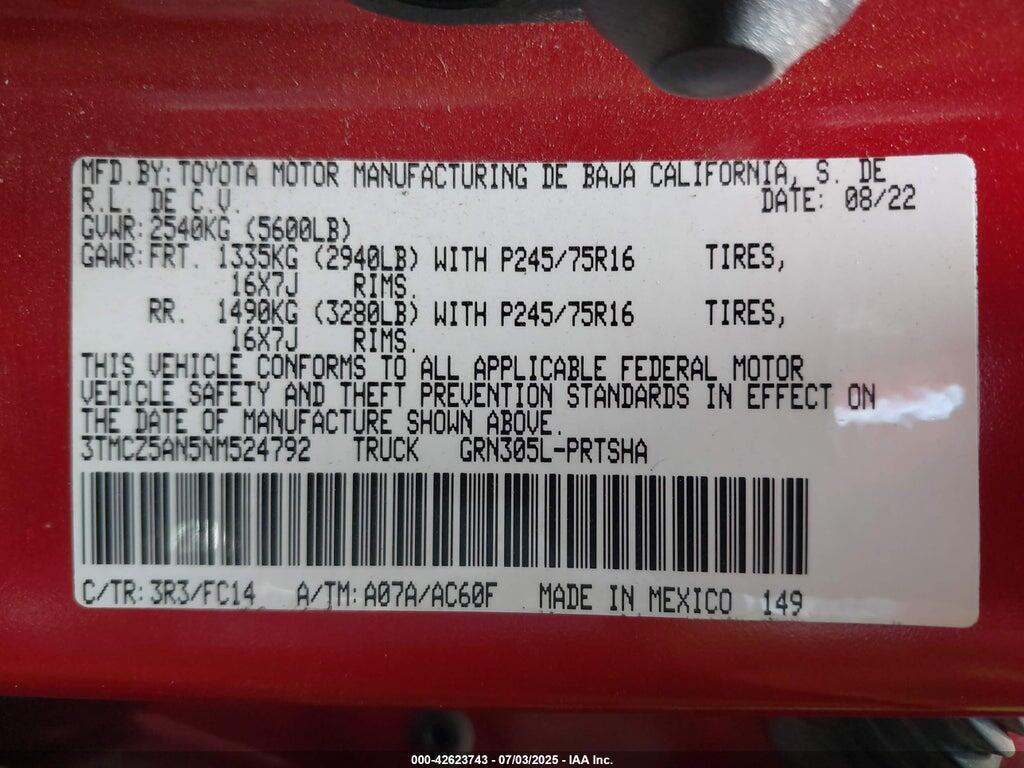 3TMCZ5AN5NM524792 2022 TOYOTA TACOMA photo no. 9