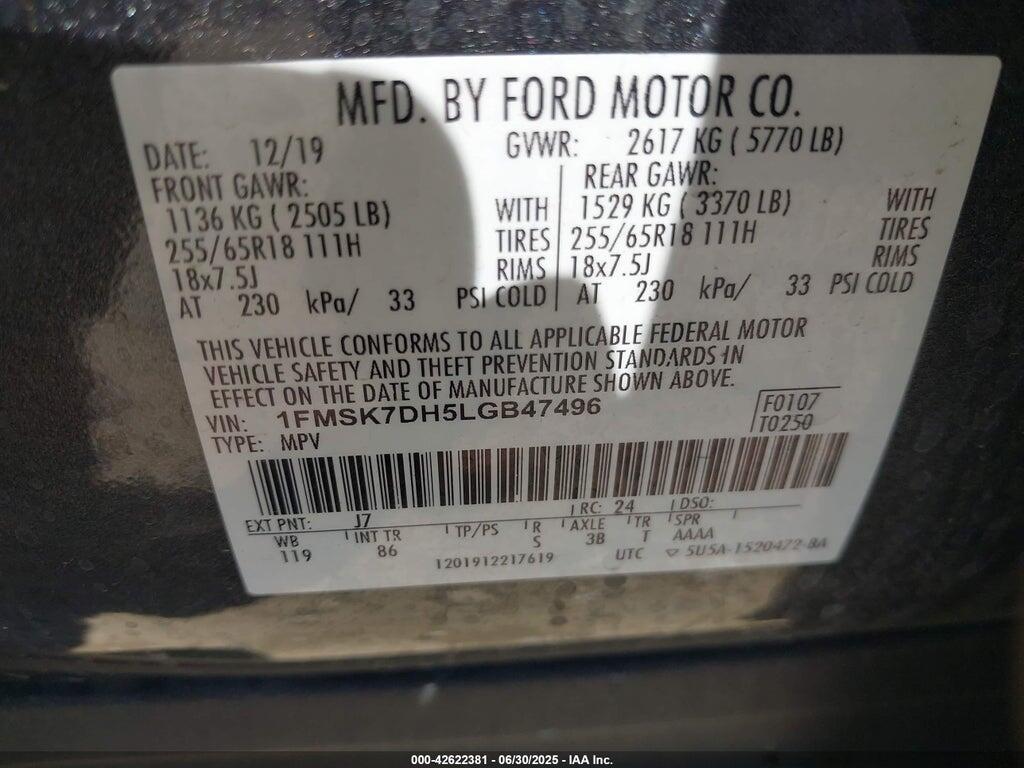1FMSK7DH5LGB47496 2020 FORD EXPLORER photo no. 9