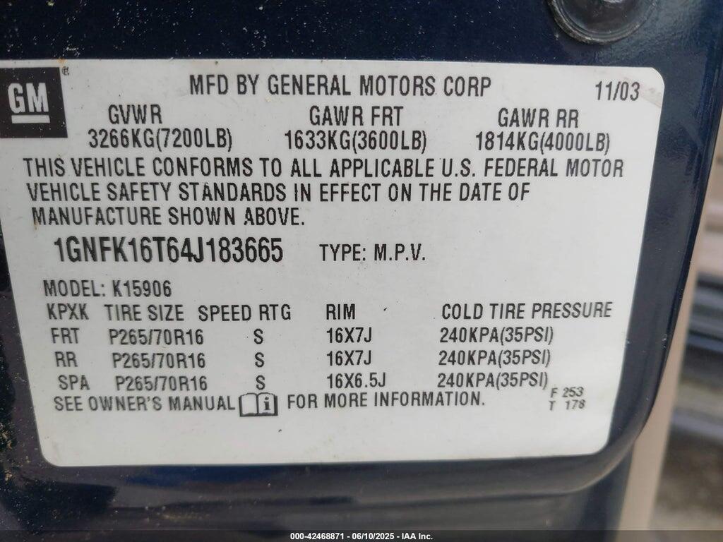 1GNFK16T64J183665 2004 CHEVROLET SUBURBAN 1500 photo no. 9