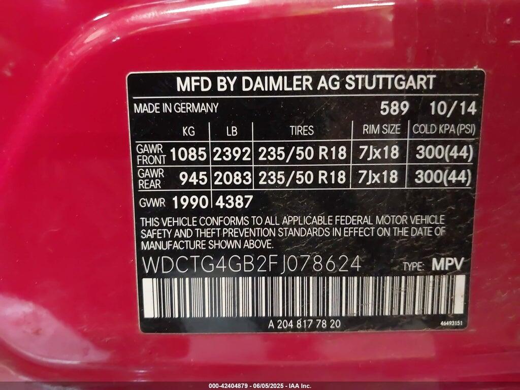 WDCTG4GB2FJ078624 2015 MERCEDES-BENZ GLA 250 photo no. 9