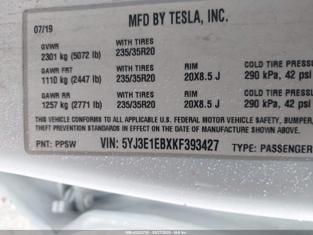 5YJ3E1EBXKF393427 2019 TESLA MODEL 3 photo no. 9