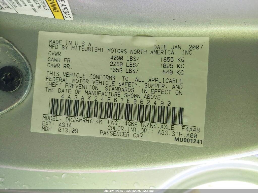 4A3AK24F67E062490 2007 MITSUBISHI ECLIPSE photo no. 9