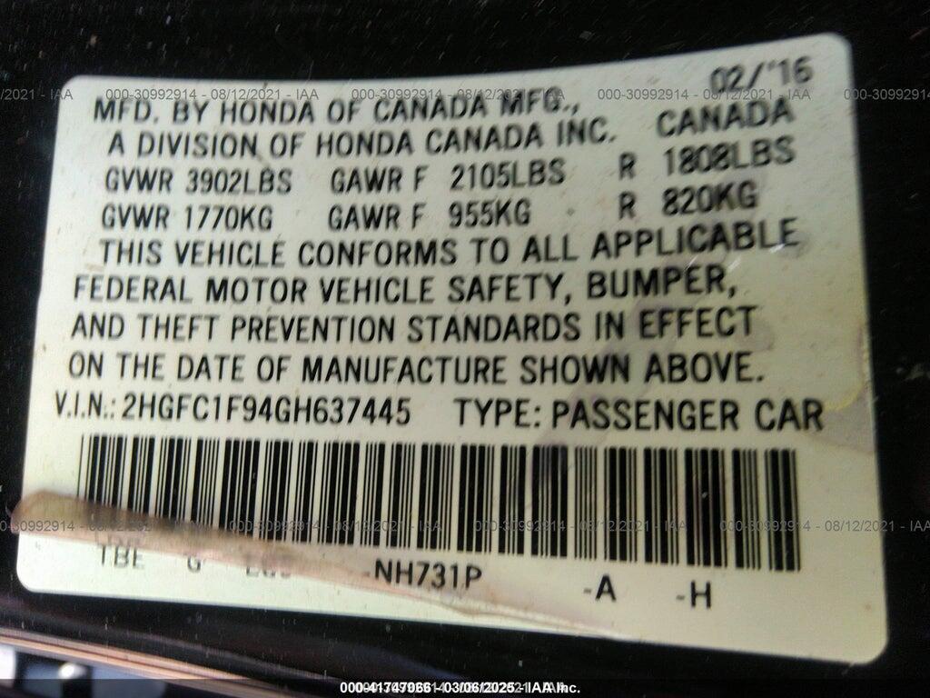 2HGFC1F94GH637445 2016 HONDA CIVIC photo no. 9
