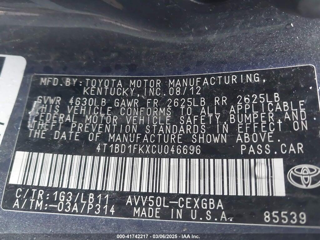 4T1BD1FKXCU046696 2012 TOYOTA CAMRY HYBRID photo no. 9