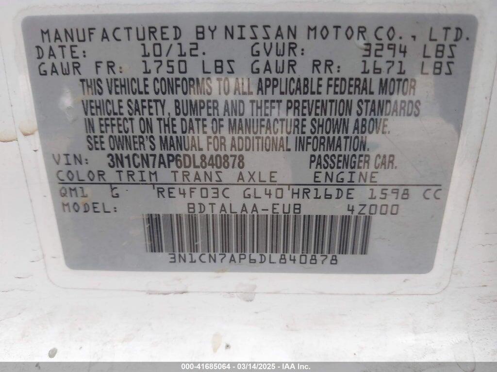 3N1CN7AP6DL840878 2013 NISSAN VERSA photo no. 9