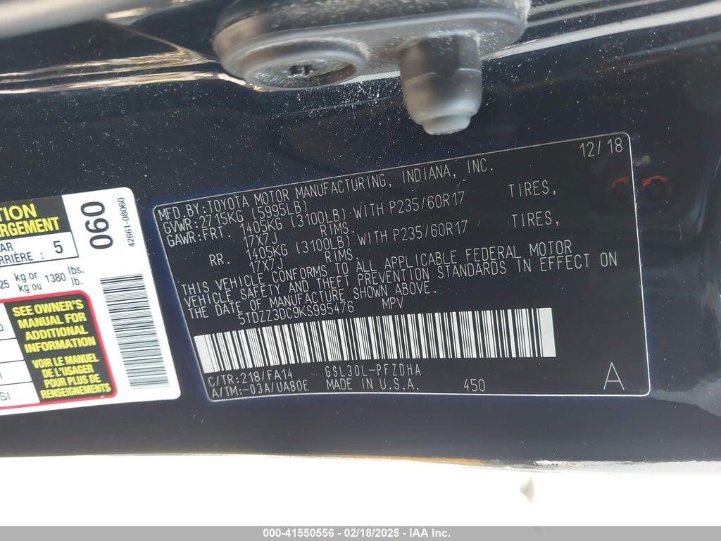 5TDZZ3DC9KS995476 2019 TOYOTA SIENNA photo no. 9