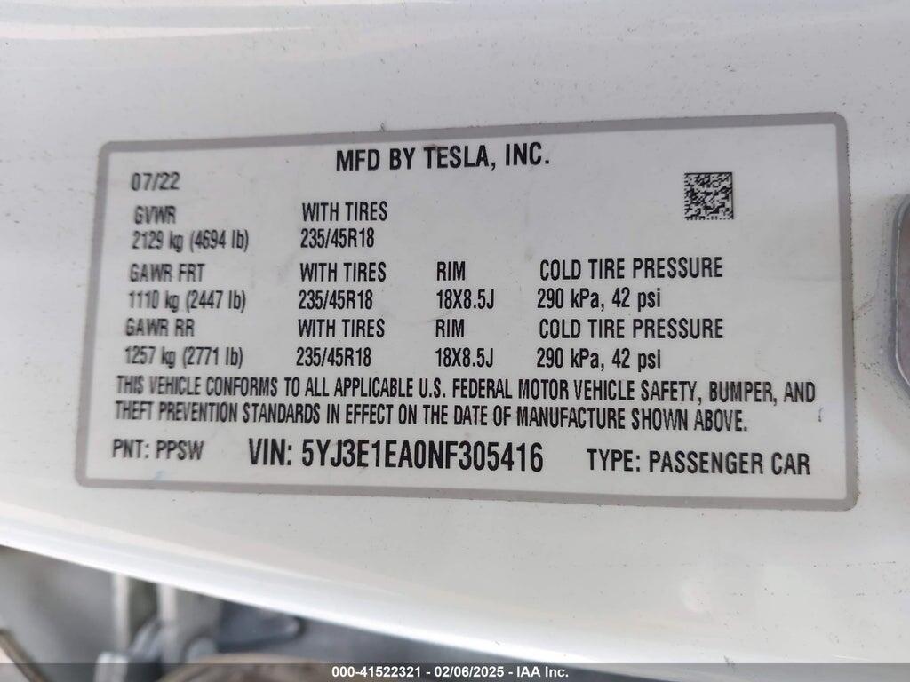 5YJ3E1EA0NF305416 2022 TESLA MODEL 3 photo no. 9