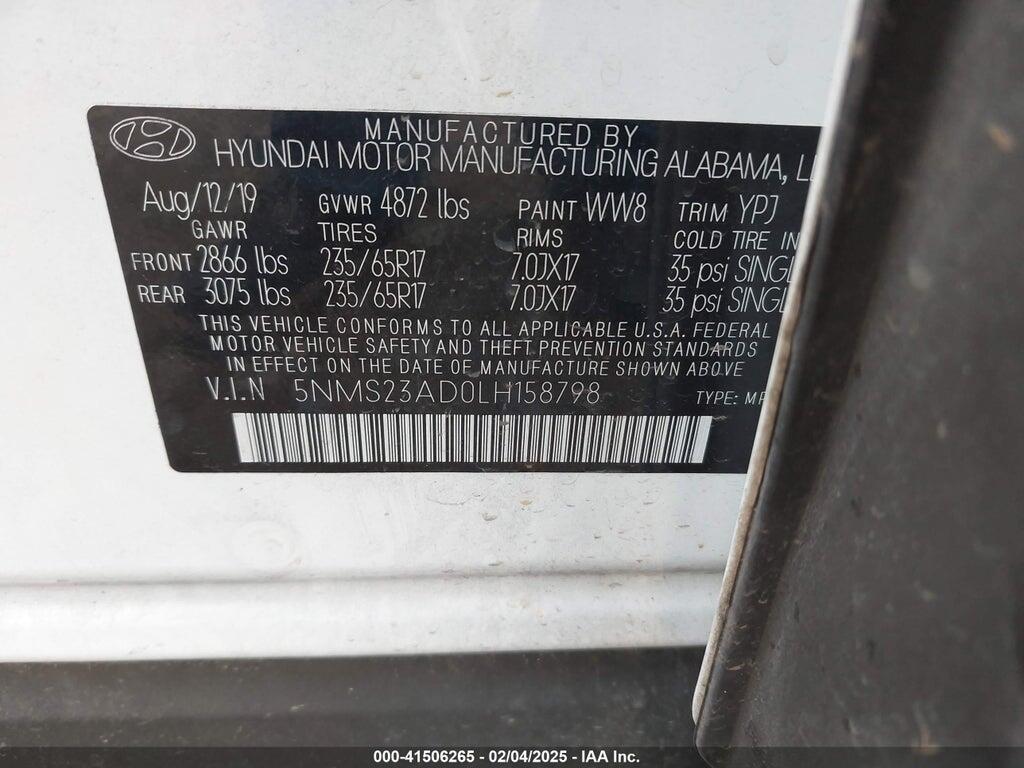 5NMS23AD0LH158798 2020 HYUNDAI SANTA FE photo no. 9