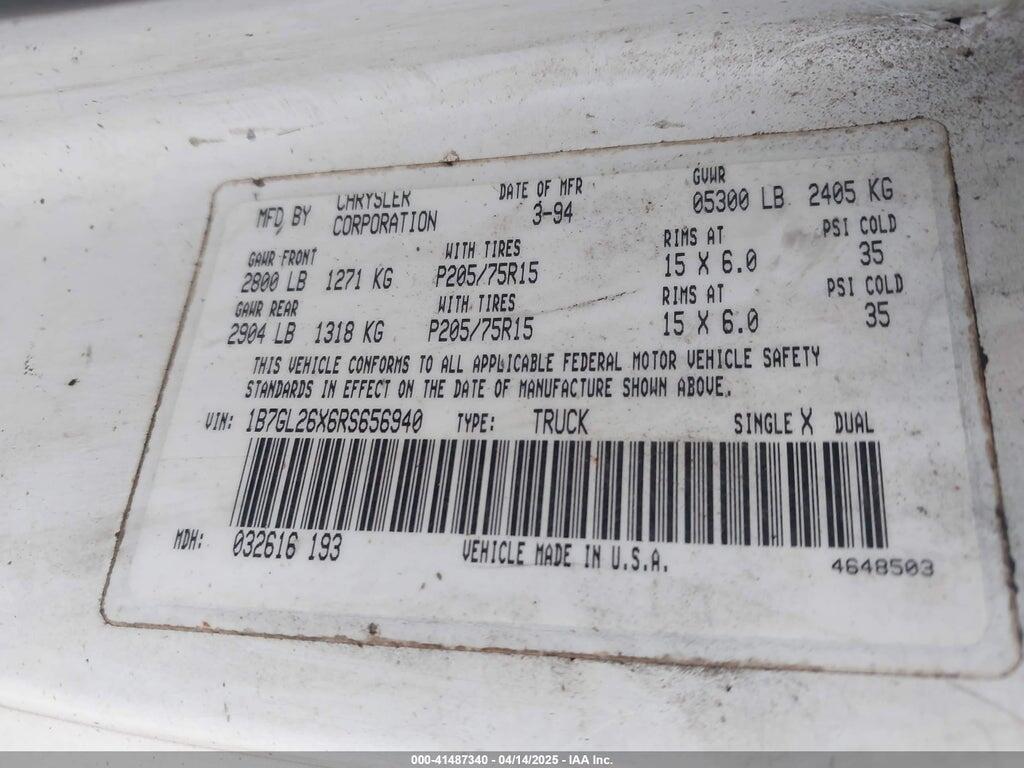 1B7GL26X6RS656940 1994 DODGE DAKOTA photo no. 9