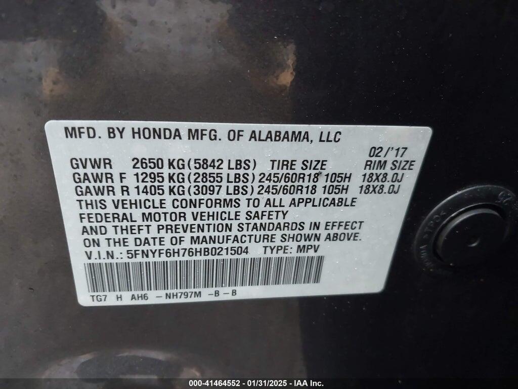 5FNYF6H76HB021504 2017 HONDA PILOT photo no. 9