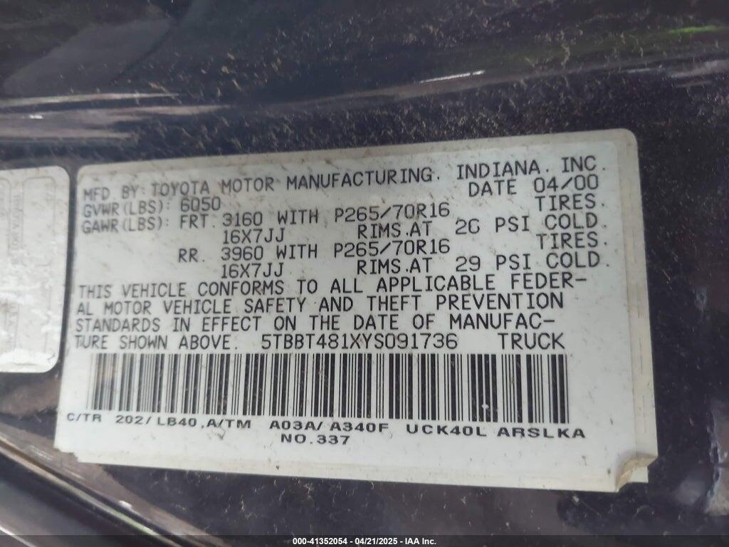 5TBBT481XYS091736 2000 TOYOTA TUNDRA photo no. 9