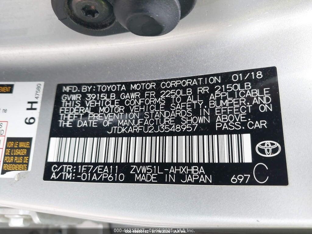 JTDKARFU2J3548957 2018 TOYOTA PRIUS photo no. 9