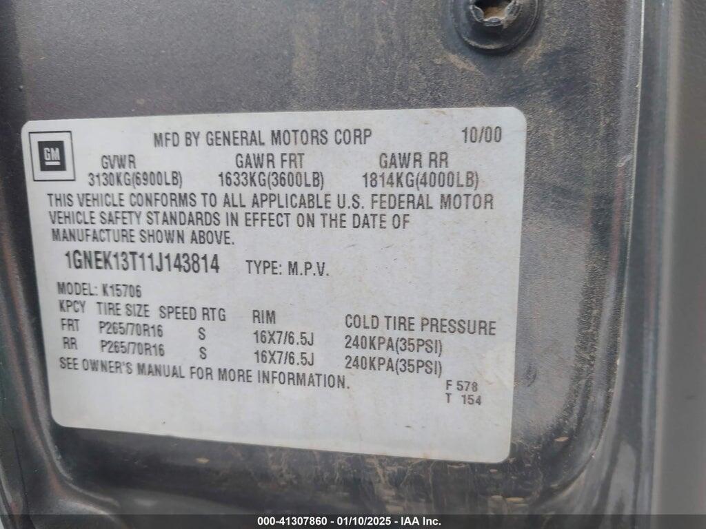 1GNEK13T11J143814 2001 CHEVROLET TAHOE photo no. 9