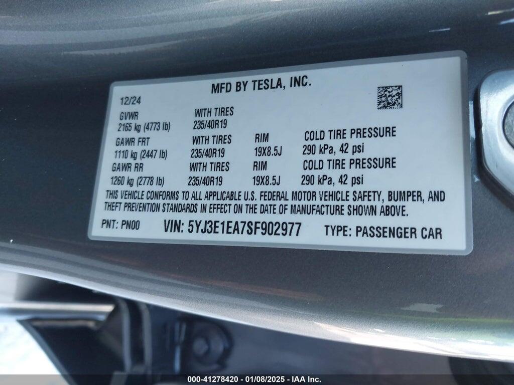 5YJ3E1EA7SF902977 2025 TESLA MODEL 3 photo no. 9