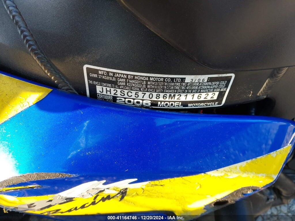 JH2SC57086M211622 2006 HONDA CBR1000 photo no. 10