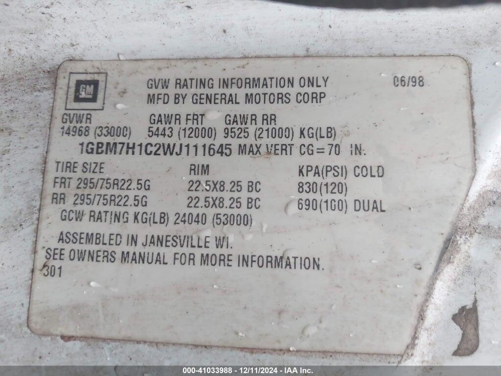 1GBM7H1C2WJ111645 1998 CHEVROLET C-SERIES photo no. 9