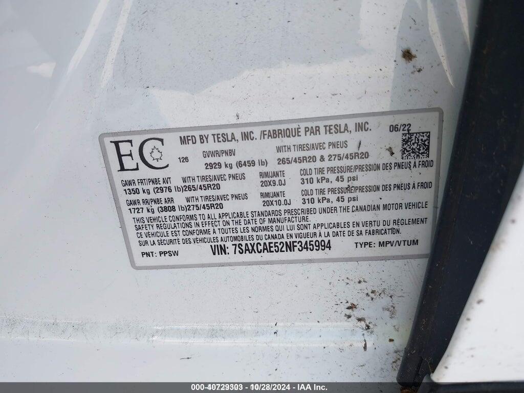 7SAXCAE52NF345994 2022 TESLA MODEL X photo no. 9