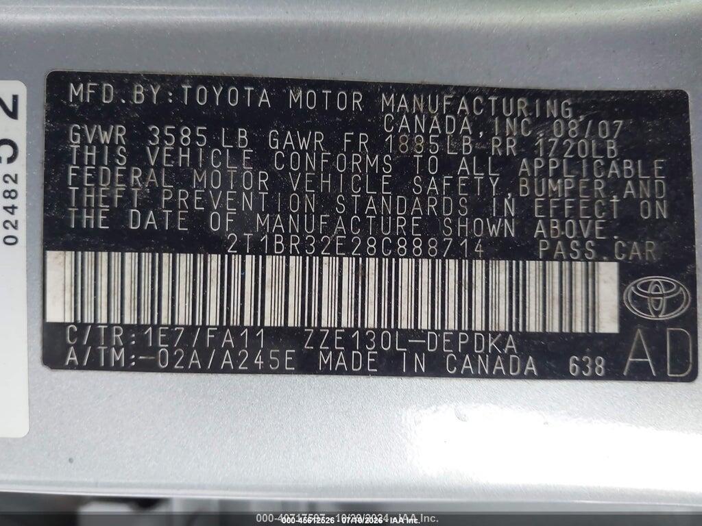 2T1BR32E28C888714 2008 TOYOTA COROLLA photo no. 9