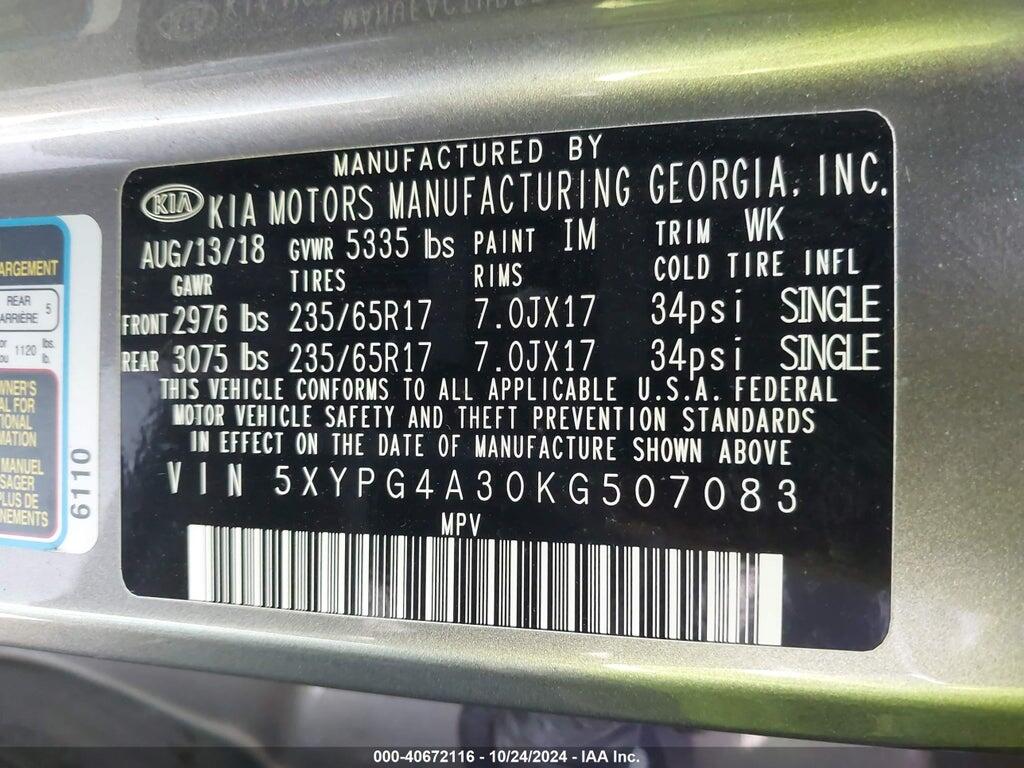 5XYPG4A30KG507083 2019 KIA SORENTO photo no. 9