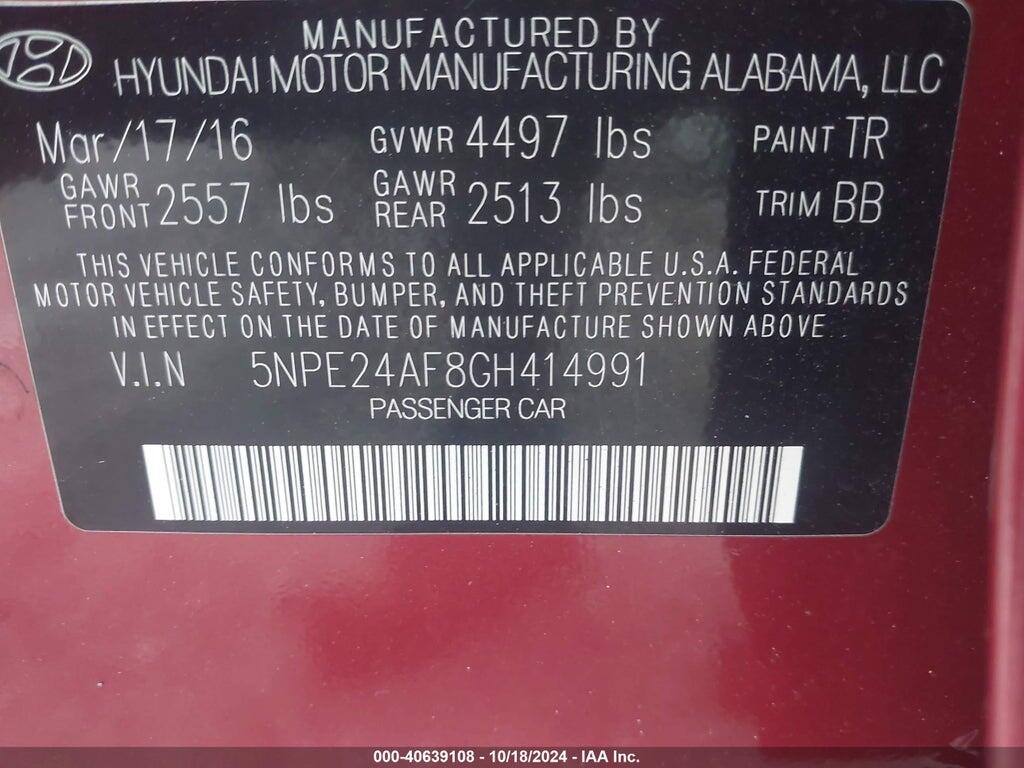 5NPE24AF8GH414991 2016 HYUNDAI SONATA photo no. 9