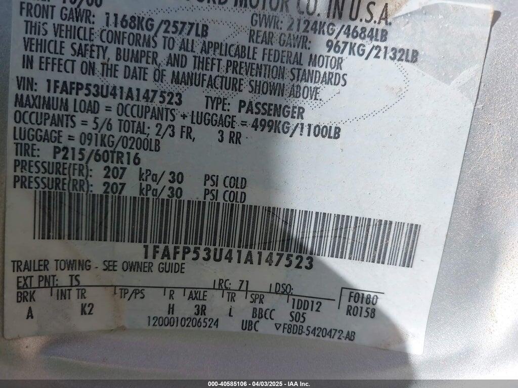 1FAFP53U41A147523 2001 FORD TAURUS photo no. 9