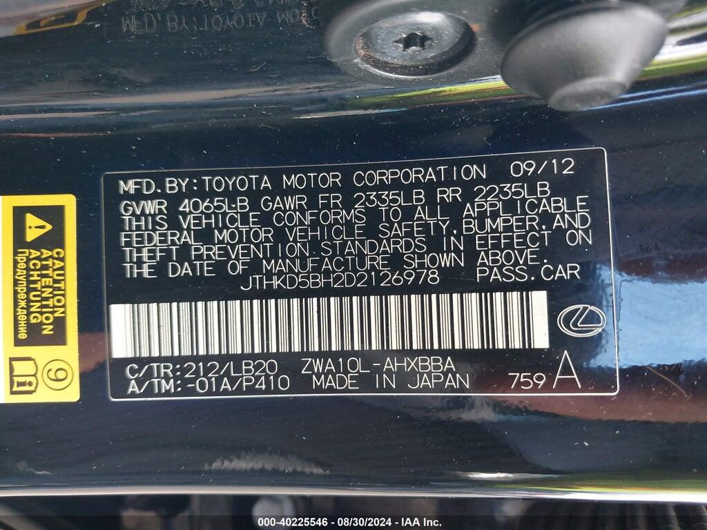 JTHKD5BH2D2126978 2013 LEXUS CT 200H photo no. 9