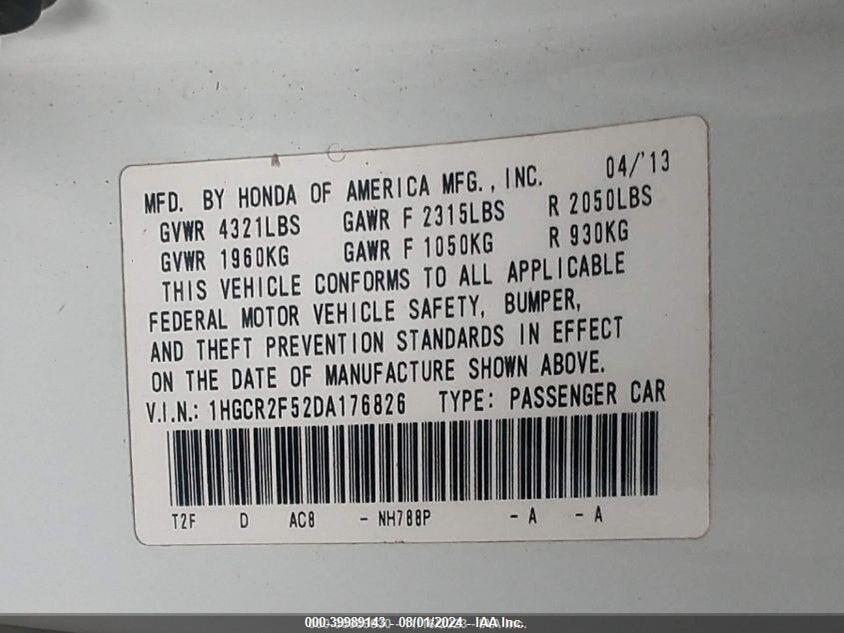 1HGCR2F52DA176826 2013 HONDA ACCORD photo no. 9