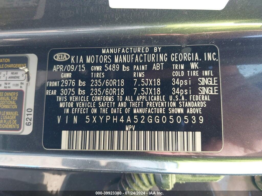 5XYPH4A52GG050539 2016 KIA SORENTO photo no. 9