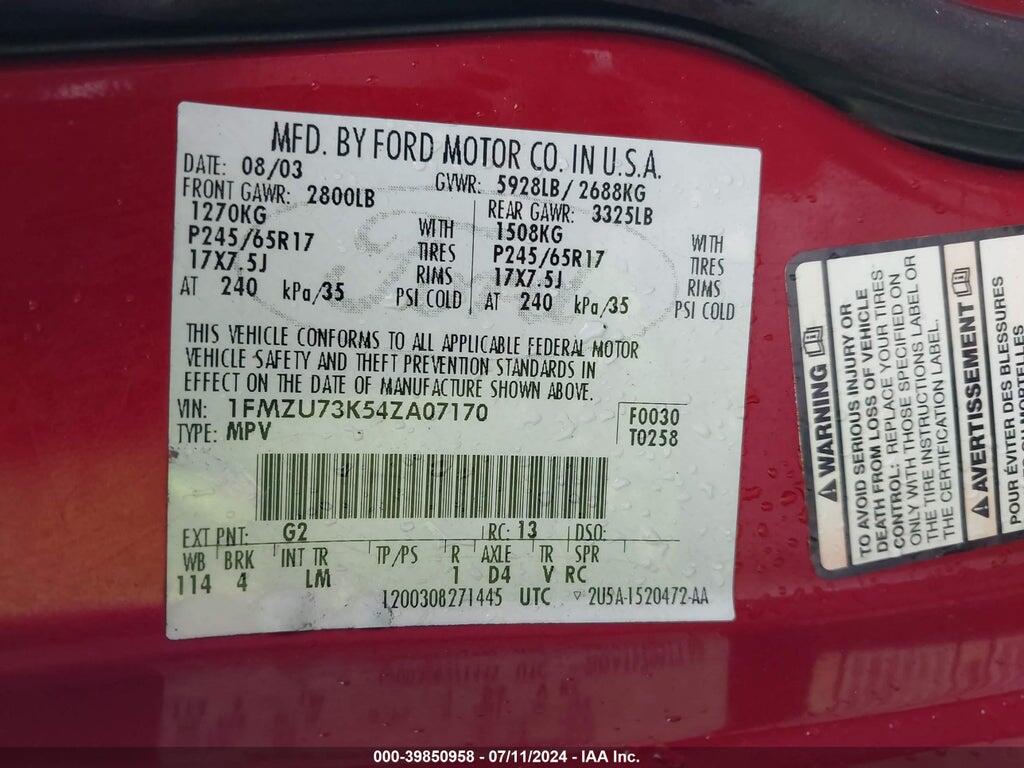 1FMZU73K54ZA07170 2004 FORD EXPLORER photo no. 9