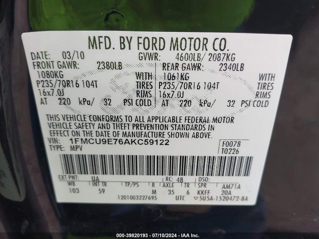 1FMCU9E76AKC59122 2010 FORD ESCAPE photo no. 9
