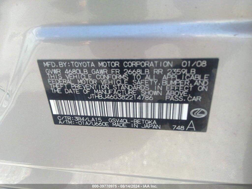 JTHBJ46G382214786 2008 LEXUS ES 350 photo no. 9