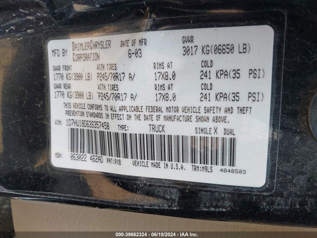 1D7HU18D63S357458 2003 DODGE RAM 1500 photo no. 9