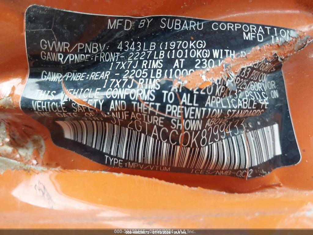JF2GTACC0K8299433 2019 SUBARU CROSSTREK photo no. 9