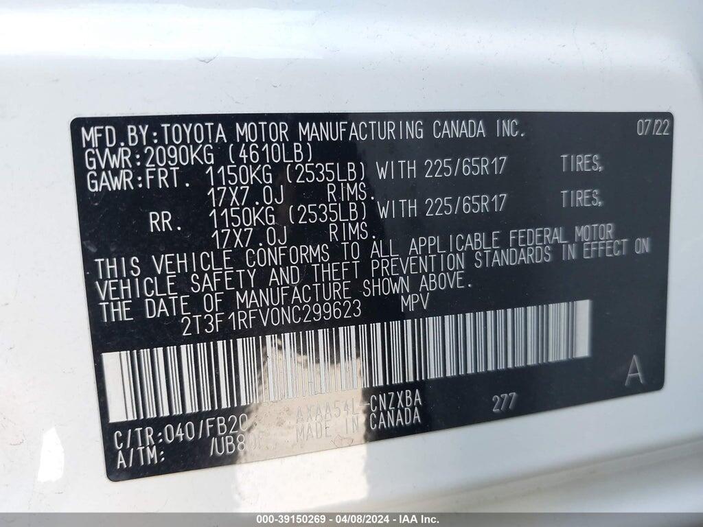 2T3F1RFV0NC299623 2022 TOYOTA RAV4 photo no. 9