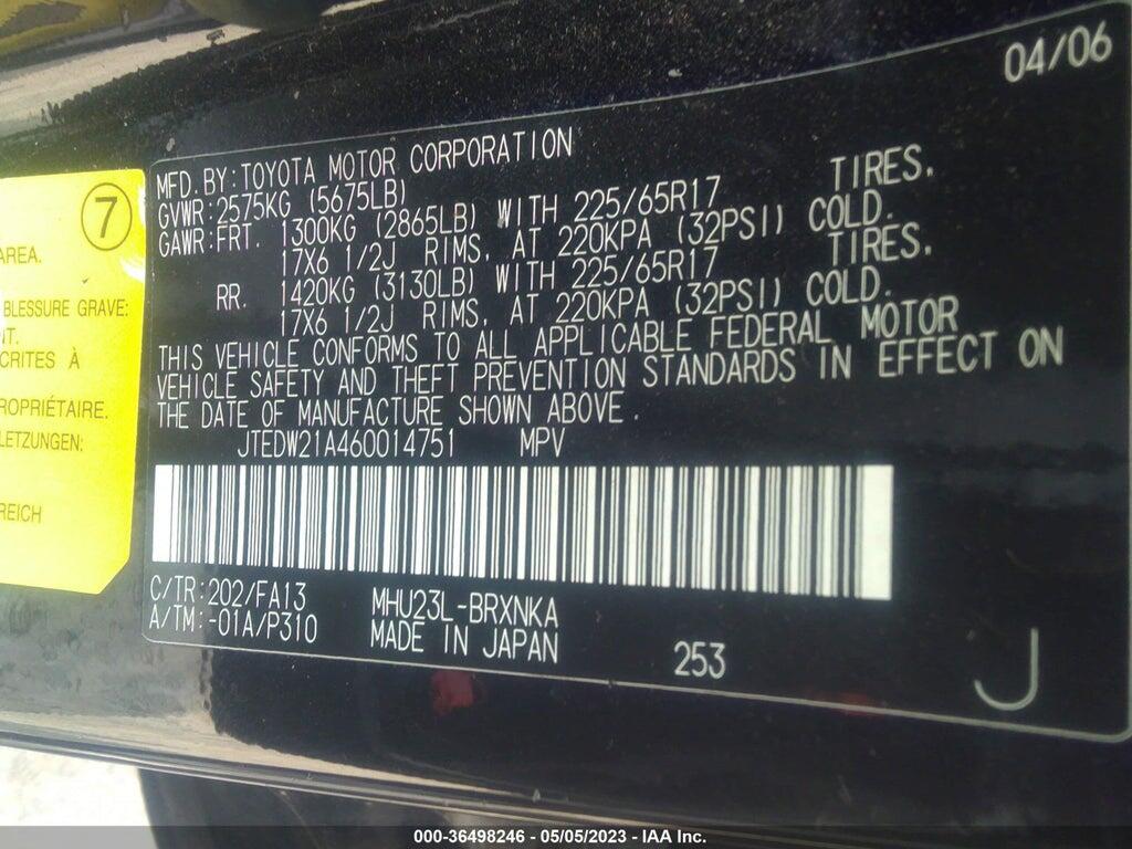 JTEDW21A460014751 2006 TOYOTA HIGHLANDER HYBRID photo no. 9