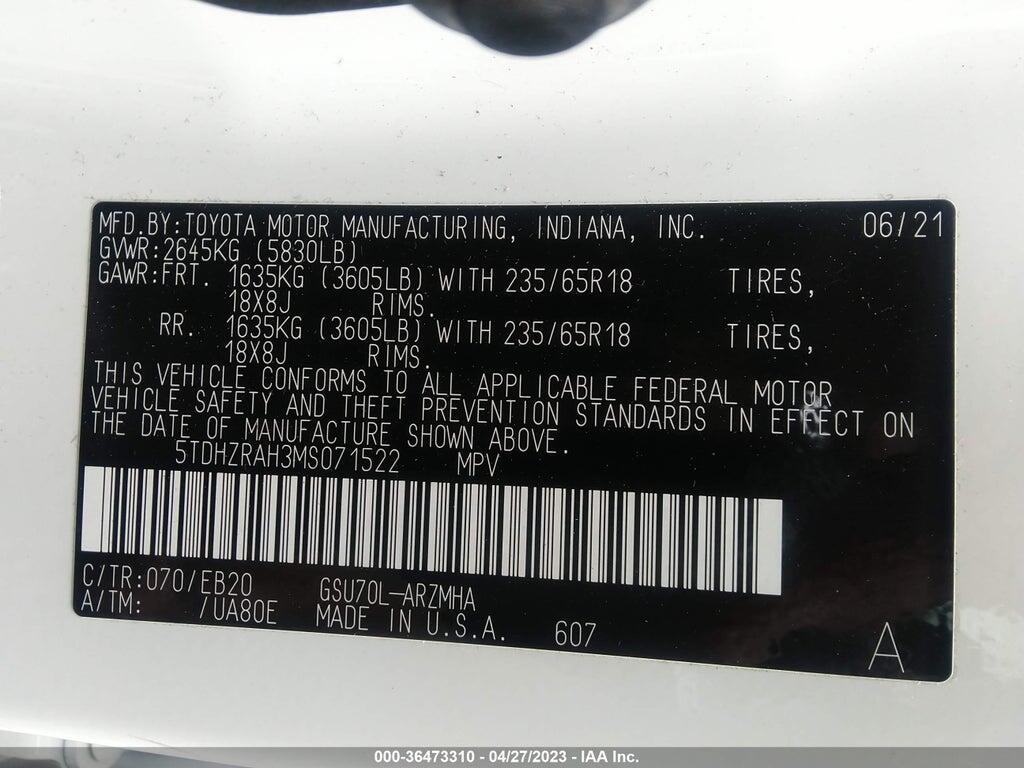 5TDHZRAH3MS071522 2021 TOYOTA HIGHLANDER photo no. 9