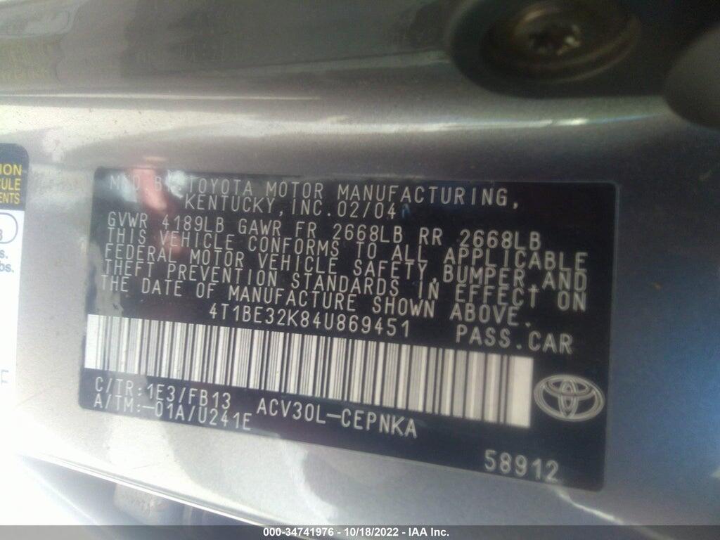 4T1BE32K84U869451 2004 TOYOTA CAMRY photo no. 9