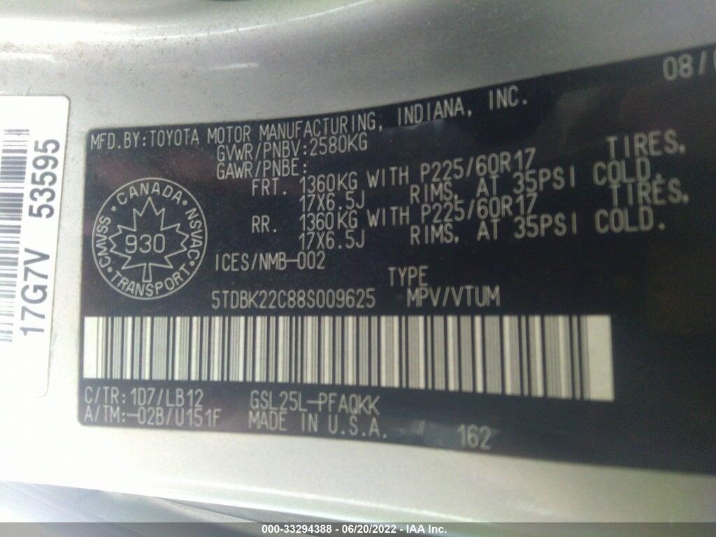 5TDBK22C88S009625 2008 TOYOTA SIENNA photo no. 9