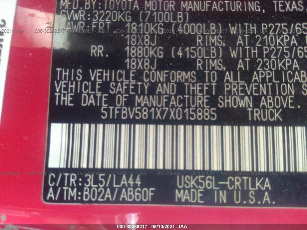 5TFBV581X7X015885 2007 TOYOTA TUNDRA photo no. 9