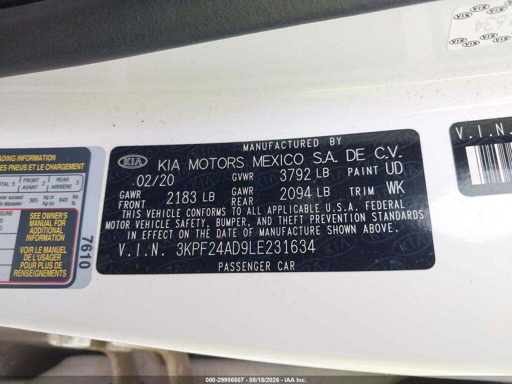 3KPF24AD9LE231634 2020 KIA FORTE photo no. 9