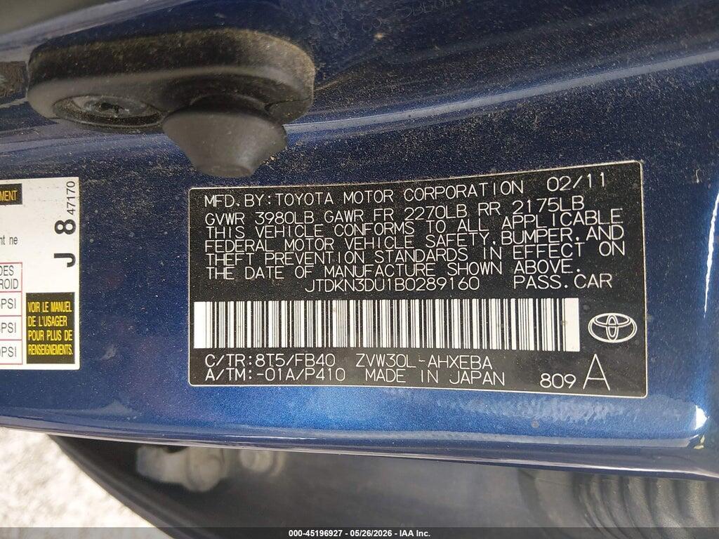 JTDKN3DU1B0289160 2011 TOYOTA PRIUS photo no. 9