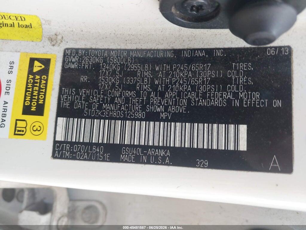5TDZK3EH8DS125980 2013 TOYOTA HIGHLANDER photo no. 9