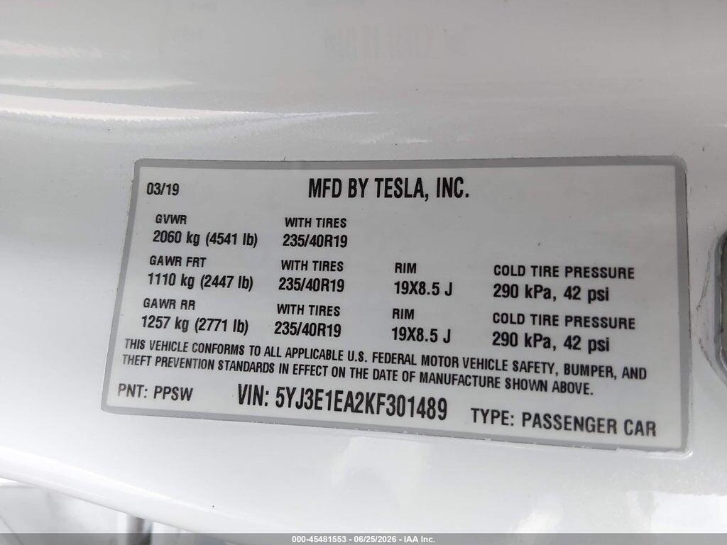 5YJ3E1EA2KF301489 2019 TESLA MODEL 3 photo no. 9