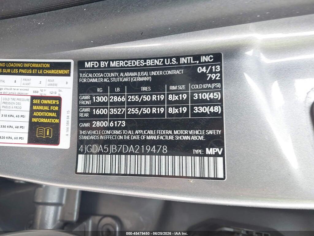 4JGDA5JB7DA219478 2013 MERCEDES-BENZ ML 350 photo no. 9