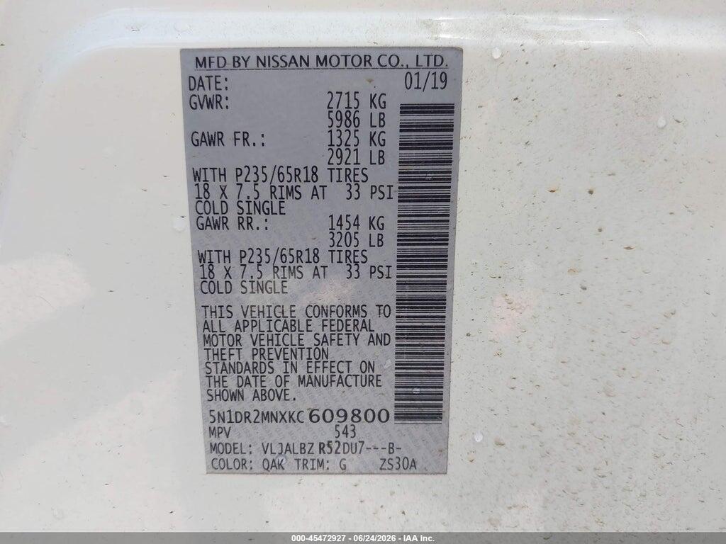 5N1DR2MNXKC609800 2019 NISSAN PATHFINDER photo no. 9