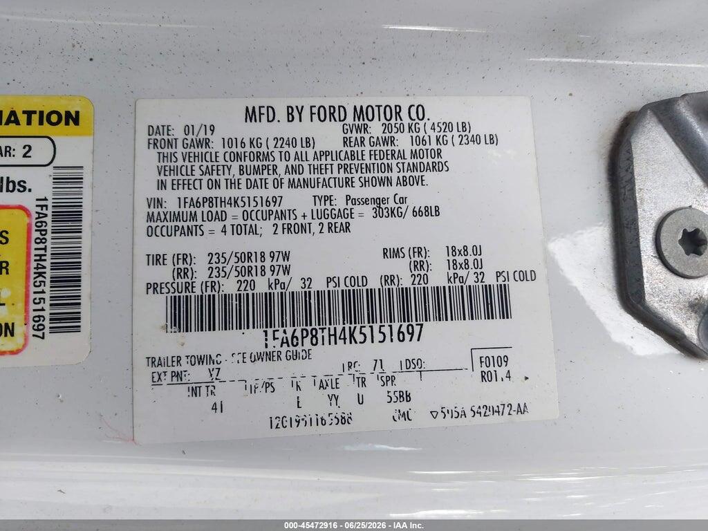 1FA6P8TH4K5151697 2019 FORD MUSTANG photo no. 9