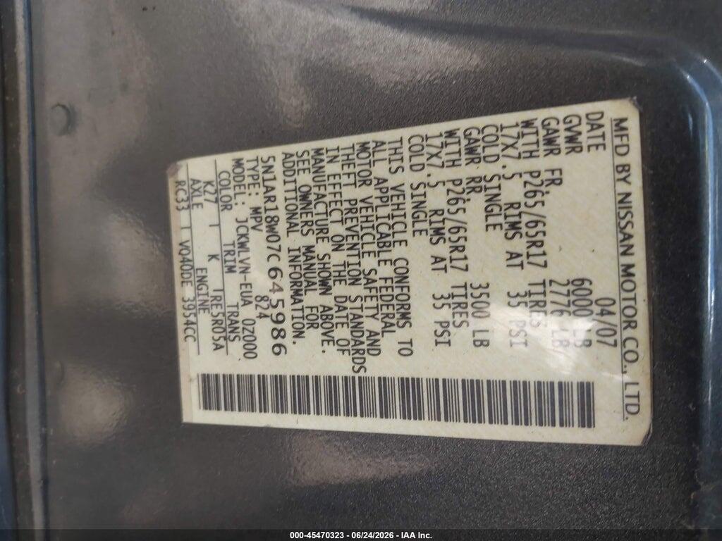 5N1AR18W07C645986 2007 NISSAN PATHFINDER photo no. 9