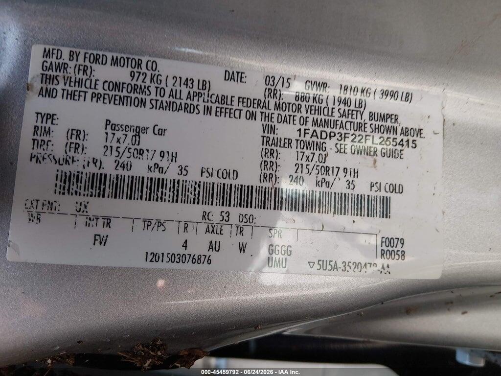 1FADP3F22FL255415 2015 FORD FOCUS photo no. 9