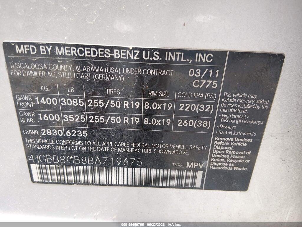 4JGBB8GB8BA719675 2011 MERCEDES-BENZ ML 350 photo no. 9