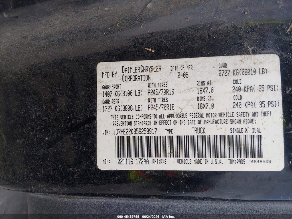1D7HE22K35S258917 2005 DODGE DAKOTA photo no. 9